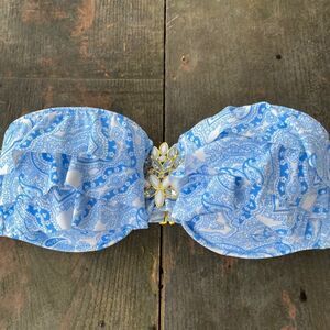VS Swim Top Victoria's Secret Bejeweled Bathing Suit Top Blue Paisley Womens 36C